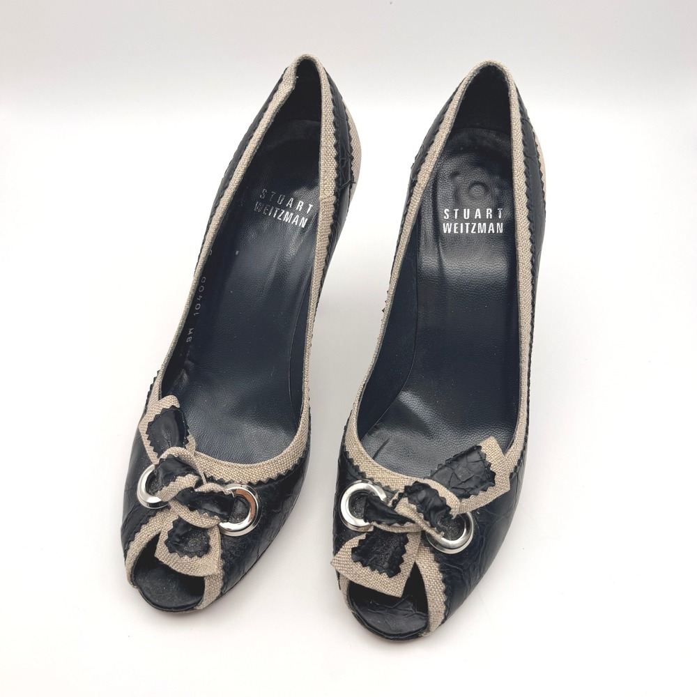 Stuart Weitzman Peep Toe Bow Pumps Croc Embossed Linen Heels Womens 5.5 Black